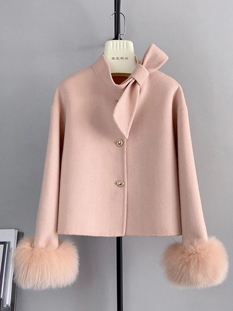 2025 & 2026 New Winter Real Natural Fox Fur Cuff Coat Ladies Outwear Female Coat Cashmere Wool Woolen Women Luxury Jacket