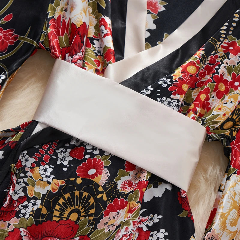 Japanese Kimono V-neck Printed Flower Bow Waist Shaping Cardigan Dress Women Clothing Loose Long Sleeve Vintage Sexy Lace-up New