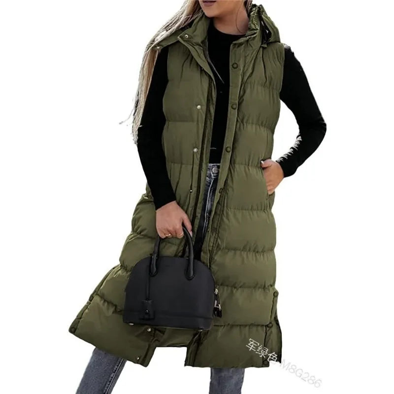 Women Solid Loose Zip Cardigan Parkas 2023 Autumn Winter Parkas Vest Coat Women Sleeveless Hooded Single Breasted Long Vest Coat