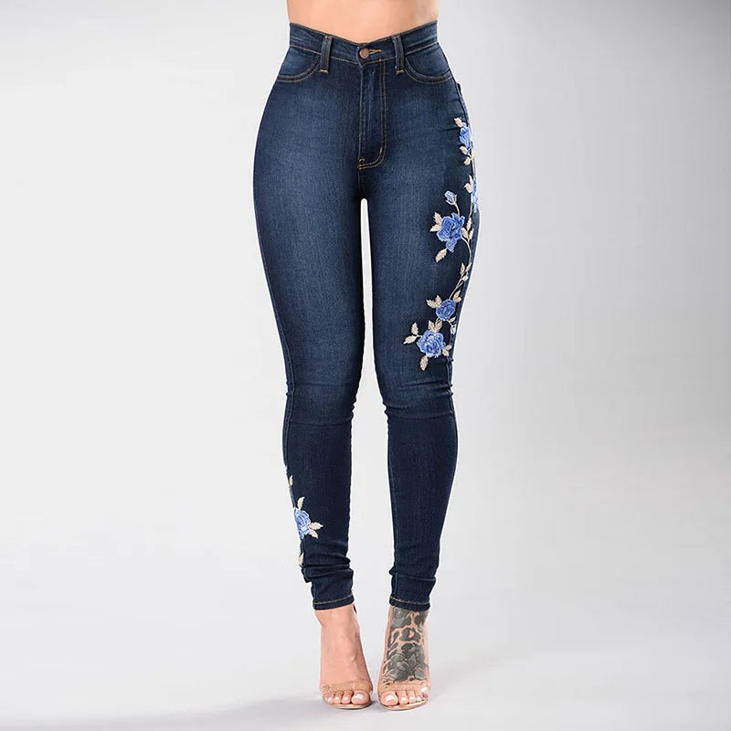 New Women's High Waist Embroidered Jeans Fashion Slim Stretch Denim Pencil Pants Street Trendy Trousers S-3XL Drop Shipping