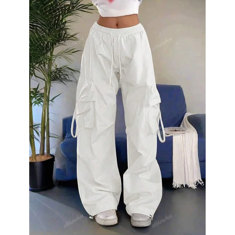 Loose Wide Leg Casual Pants Women's Workwear Trousers with Big Pockets Vintage Long Pants High Street Trend New 2025