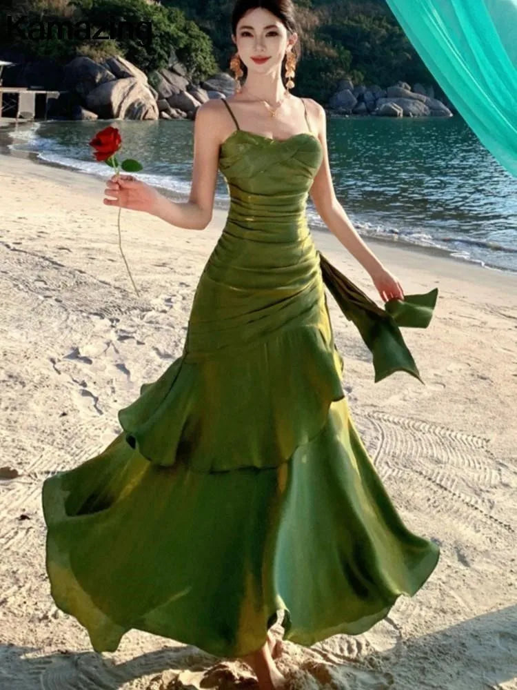 Sexy Solid Spaghetti Strap Sleeveless Evening Dresses Elegant Ruffles Party Long Dress For Women Summer Slim Beach New Vestidos