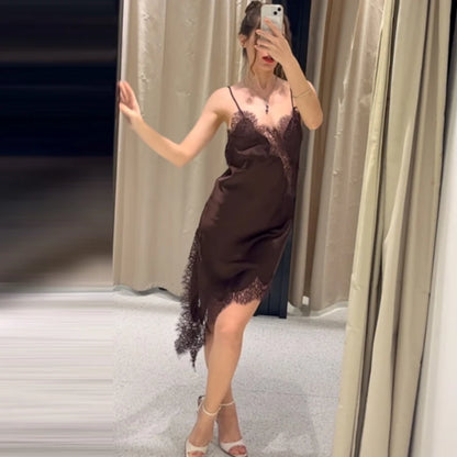 HXAO Womens Dresses Lace Asymmetric Slip Dress Summer 2025 Sexy Evening Dresses Ladies Mini Brown Sleeveless Backless Vestidos