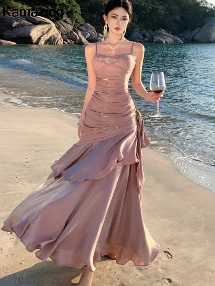 Sexy Solid Spaghetti Strap Sleeveless Evening Dresses Elegant Ruffles Party Long Dress For Women Summer Slim Beach New Vestidos