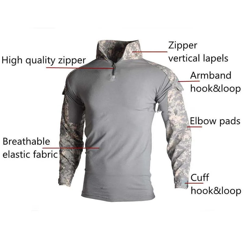 Men's Outdoor Tactical Shirts Long Sleeve Outfit Combat Shirt 1/4 Zipper Ripstop Tops Workwear pullover Camo Airsoft T-Shirts