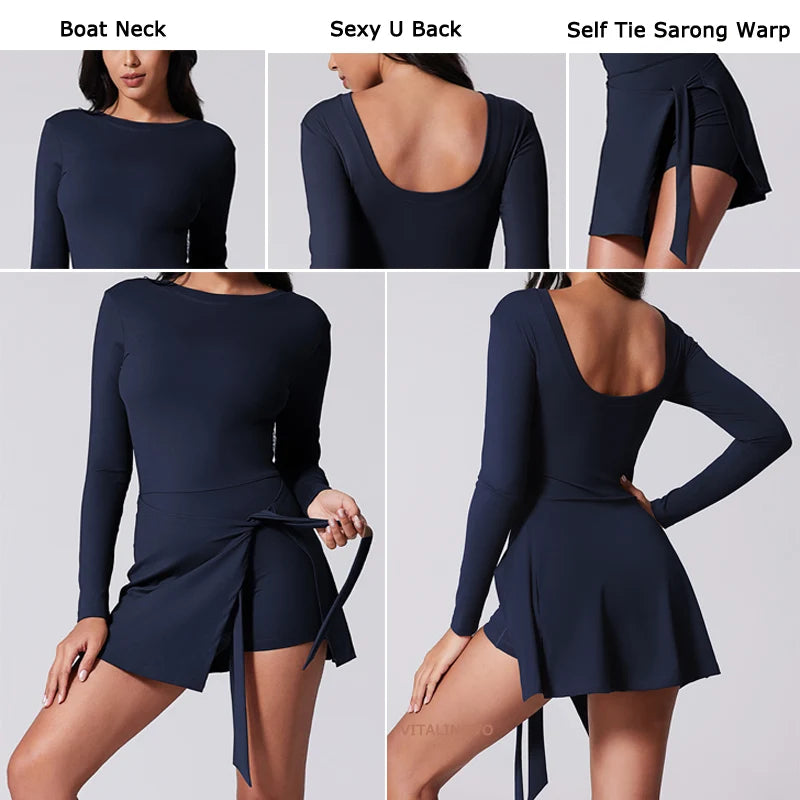 VITALINOVO Womens High Neck Tennis Dress Long Sleeve Sarong Wrap Skirt Built in Shorts Golf Athletic Dress Workout Rompers