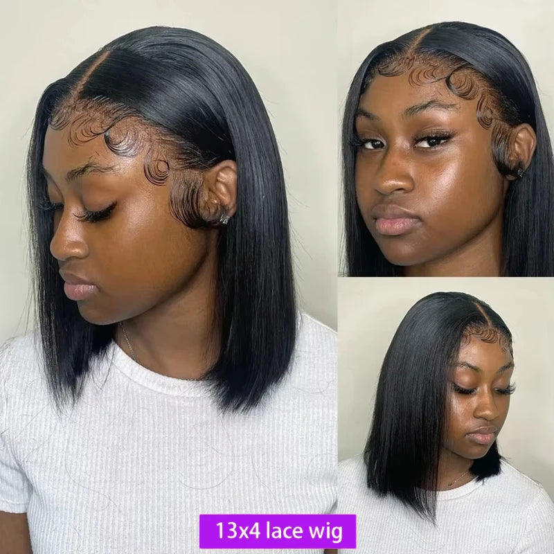 13x4 Straight Lace Frontal Bob Wig Pre Plucked Human Hair Wigs Brazilian Remy Short Bob Wig For Women Natural Black #1B 14 Inch