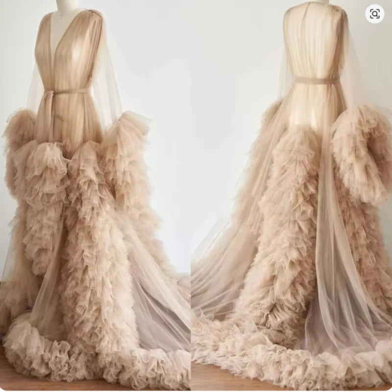 Women's Dressing Gown Perspective Sheer Long Tulle Robe Puffy Pregnancy Maternity Dress for Baby Shower Nightgown Sleepwear