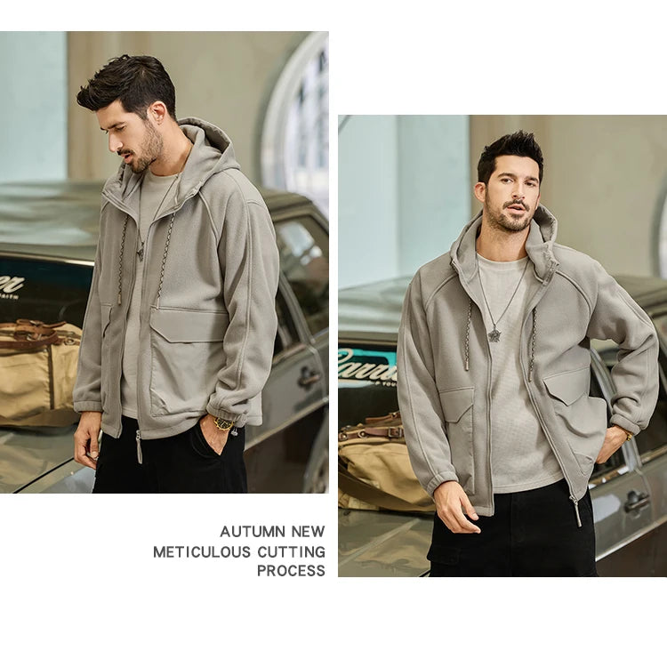 Autumn Velvet Hooded Jacket Men Outdoor Sport Techwear Loose Casual Plus Size Hoodie Cargo Jacket Outerwear Coat