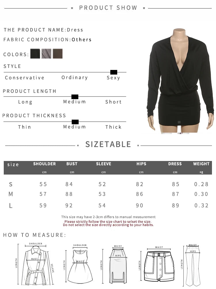 Sisterlinda Women's Elegant Deep V-Neck Mini Dress Full Sleeve Skinny Peach Hip Midnight Club Party Sexy Fashion Solid Bodycon