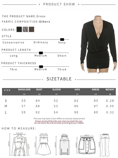 Sisterlinda Women's Elegant Deep V-Neck Mini Dress Full Sleeve Skinny Peach Hip Midnight Club Party Sexy Fashion Solid Bodycon