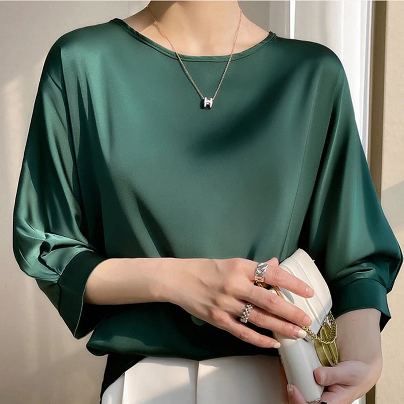 New In Summer Satin Silk Half-Sleeve Tee Tops Basic Solid Women‘s T-Shirt Casual O-neck Thin Shirts Ladies Loose Blouses