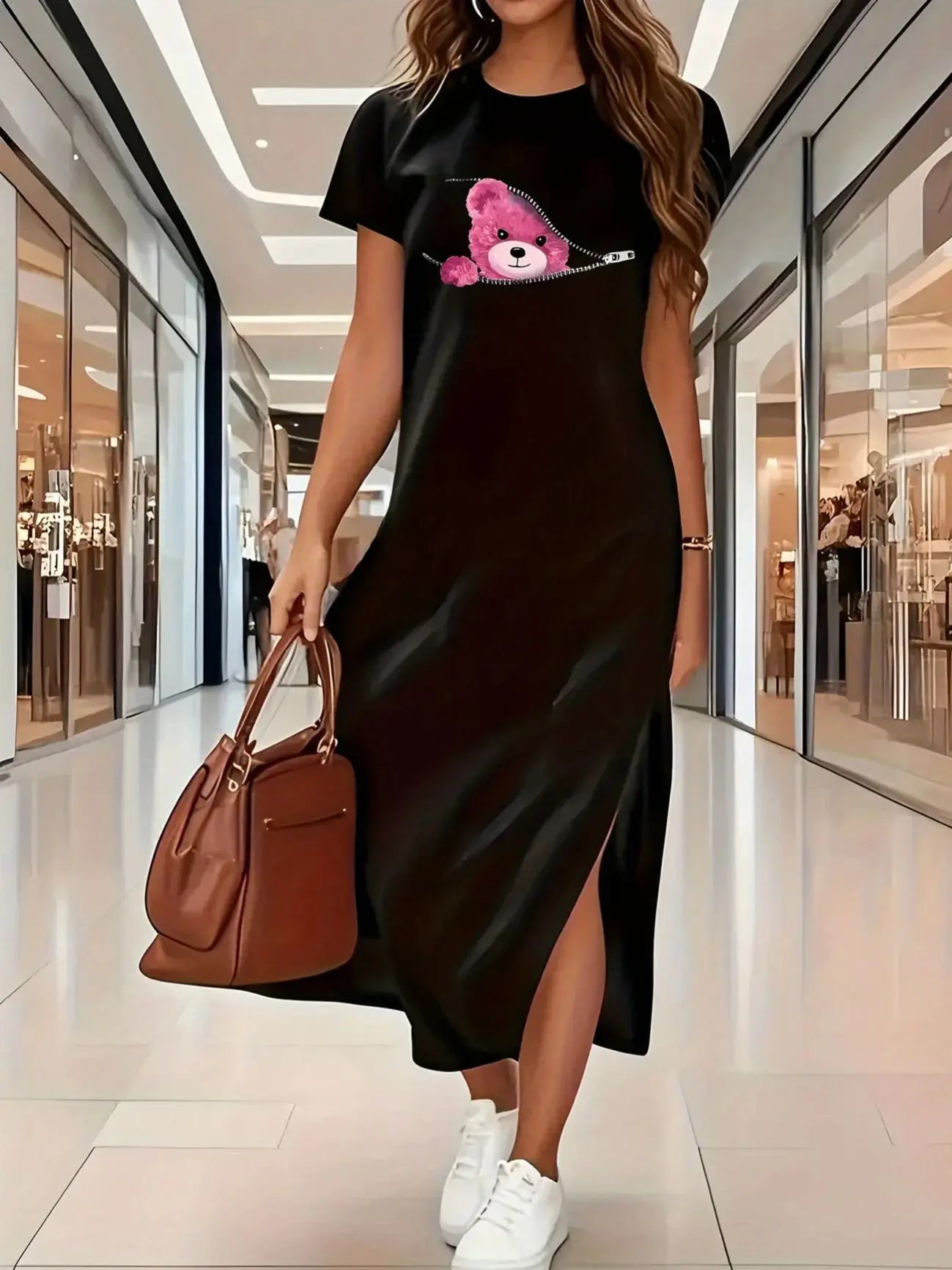 Summer women's elastic black Blessed  round neck short sleeved T-shirt dress long dress women's clothing