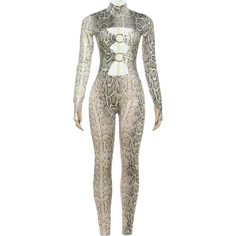 Sisterlinda Hollow Jumpsuit Woman Sexy Snake Print Cirque Full Sleeve Skinny Fitness Midnight Clubwear Party Coquette Overalls