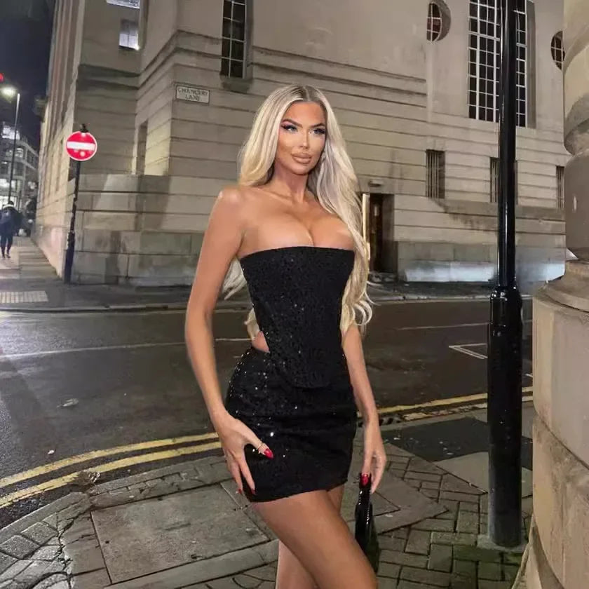 Women Blue Sequined Denim 2 Piece Sets Sexy Strapless Top Stylish Woman Mini Skirt Sets Tweed Set Summer Nightclub Outfits