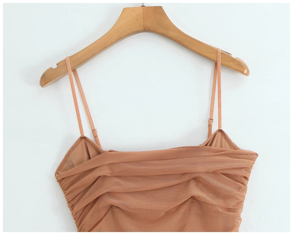 Womens Dress Mesh Ruched Slim Fit Long Spaghetti Strap Elegant Dress Must Have For Elegant Parties And Evening Banquets