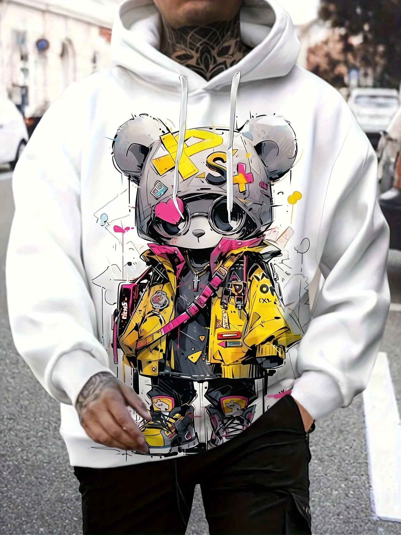 2025 New Men's Autumn Fashion Cartoon Bear Printed Soft and Comfortable Hoodie Suitable for Outdoor Street Wear
