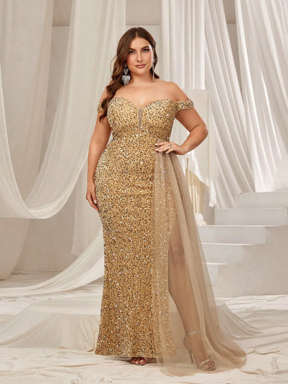 Plus Size Off Shoulder Contrast Mesh Draped Sequin Formal Dress