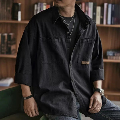 Men's Loose Fit Casual Work Shirt Jacket Spring Autumn Solid Color Cardigan Lapel Jacket Fashion Trendy Brand