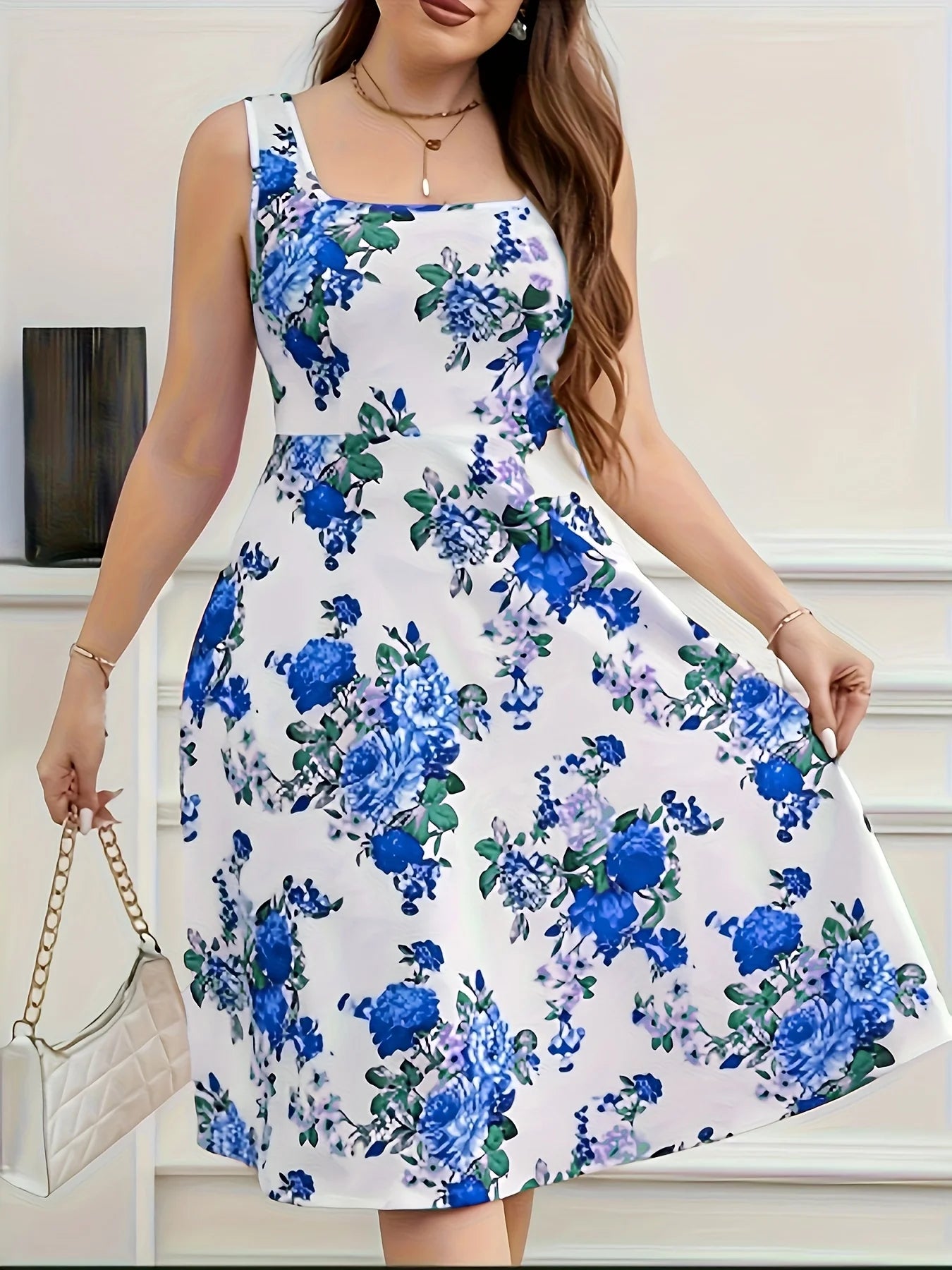 2025 New Plus Size Floral Print Square Neck Sleeveless Dress - Flared Skirt, Stretchy Fabric, Machine Washable, Spring/Summer Ca