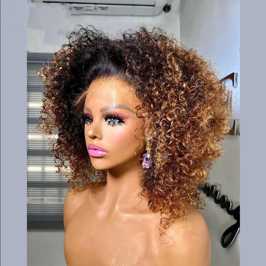 Bob Soft 16“Ombre Blonde Brown Kinky Curly 180Density Lace Front Wig For Black Women BabyHair Glueless Preplucked Heat Resistant
