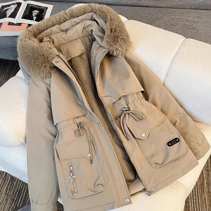 Women Big Fur collar Loose Parka Jacket Lady Medium Long Styles Down Cotton Outwear Winter Female Hooded Cotton Padded Coat