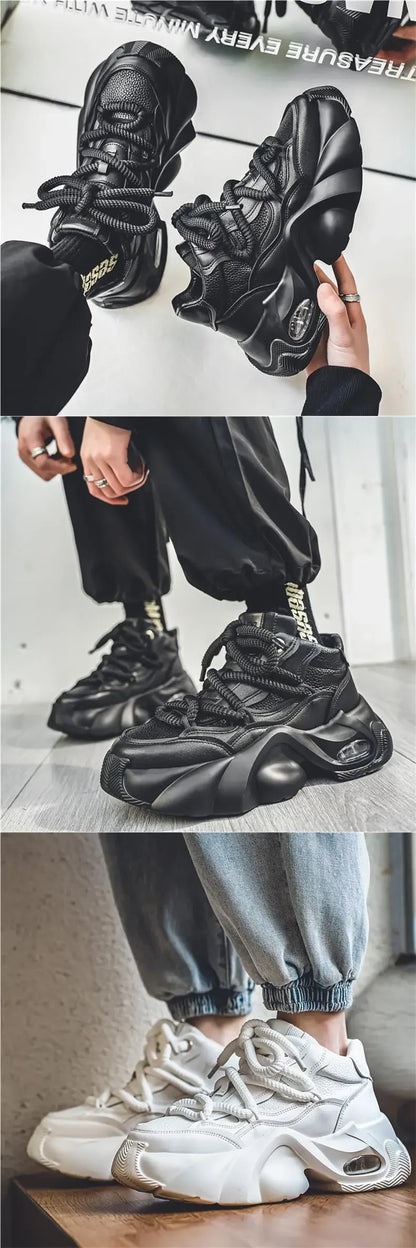 New Autumn/Winter Men's Casual Sneakers 12cm Increased Height 10cm Thick Sole White Shoes High Top Rubber Base Male Footwear