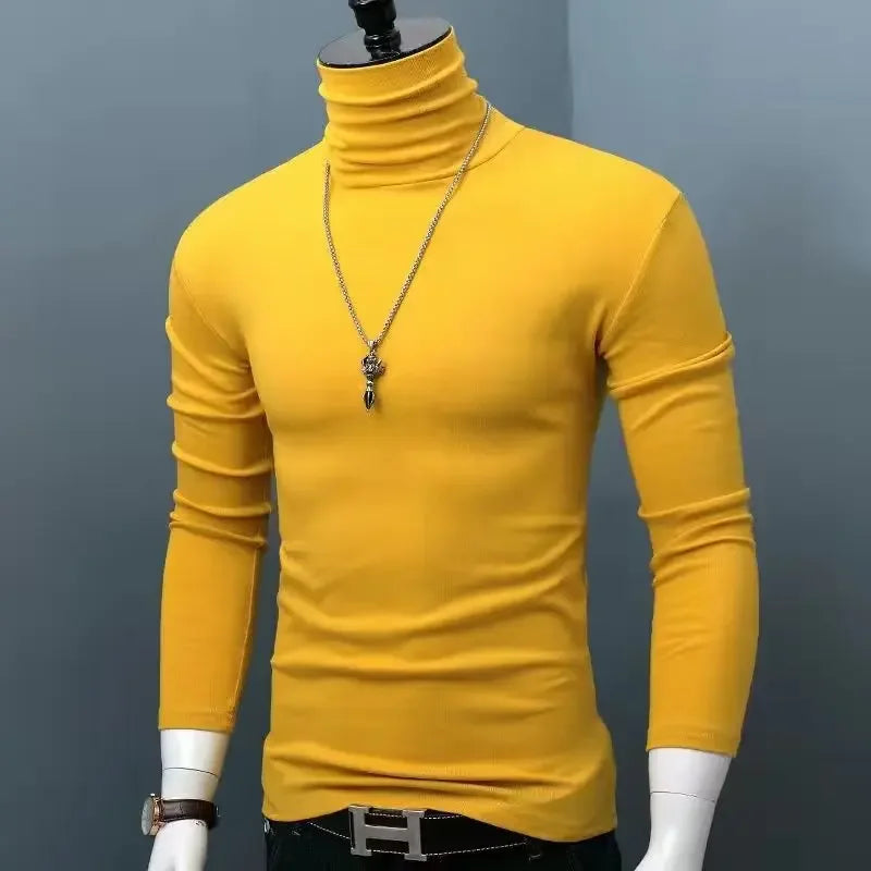 Slim Fit High Collar Long Sleeve Men's Base Shirt Inner Wear Simple Pure Color Large Size Warm Autumn Winter T-shirt Trendy Bran