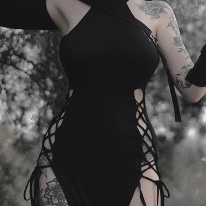 Goth Dark Cosplay High Split Sexy Bandage Women Dresses Y2K Mall Gothic Halter Slim Midi Dress Black Grunge Style Alt Partywear