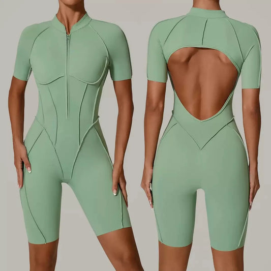 Seamless Yoga Jumpsuits Sports Fitness Zipper Hip-lifting Short-sleeved Backless Dance Workout Gym Shorts Bodysuits for Women