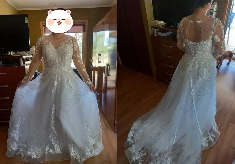 RODDRSYA Elegant O-Neck Wedding Dress Lace Up A-Line Applique Tulle Long Sleeves Beach Bride Gowns vestidos de novia Customized