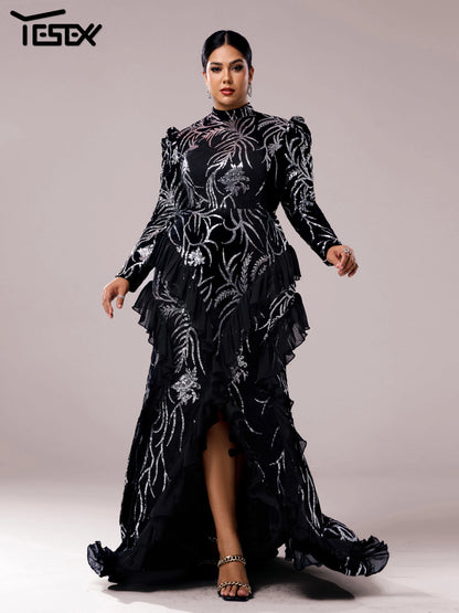 Yesexy Plus Size Elegant Beautiful Women Round Neck Long Sleeved Split Evening Gown Wedding Birthday Party Formal Occasion Dress