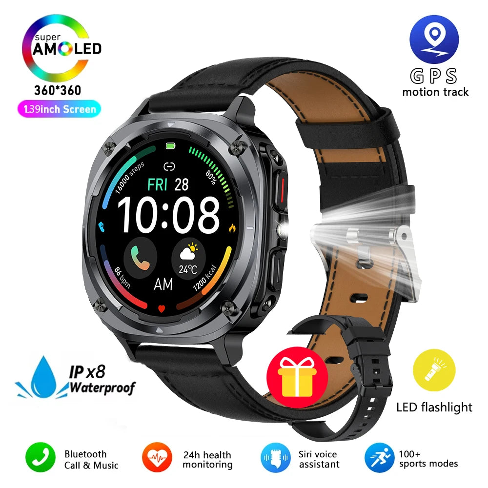 2025 New Watch 7 Ultra Men Smart Watch GPS Heart Rate Blood Oxygen Monitoring AMOLED Voice Call IPX8 LED Flashlight Smartwatch
