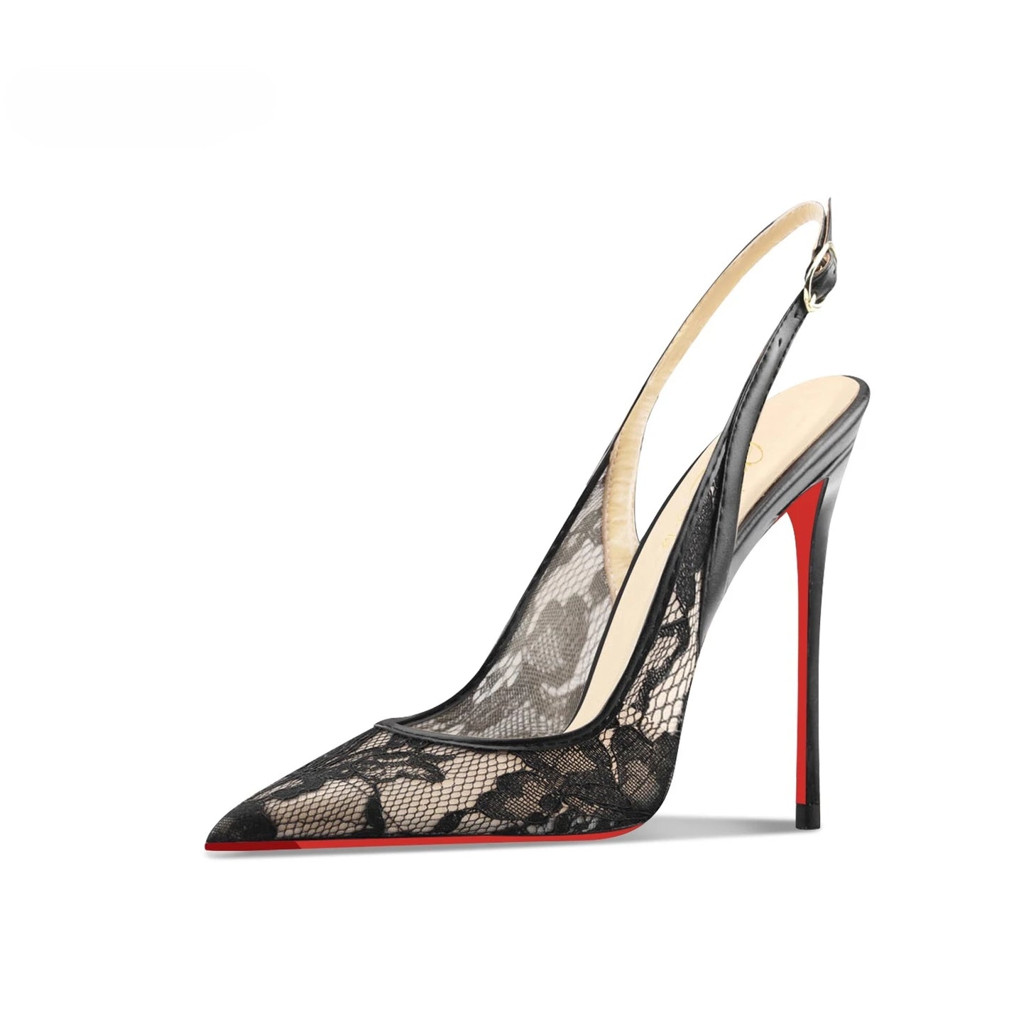 Black lace high-heeled sandals with pointed toes, thin heels, and shallow mouth, comfortable to wear with just one foot