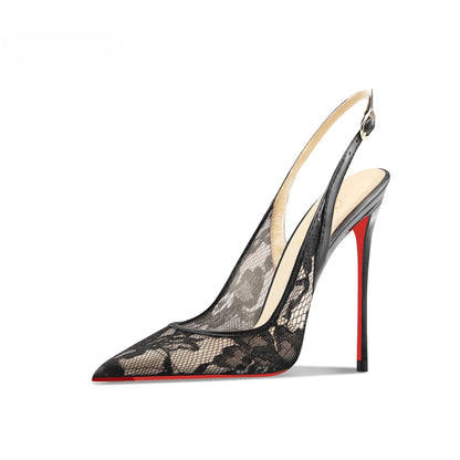 Black lace high-heeled sandals with pointed toes, thin heels, and shallow mouth, comfortable to wear with just one foot