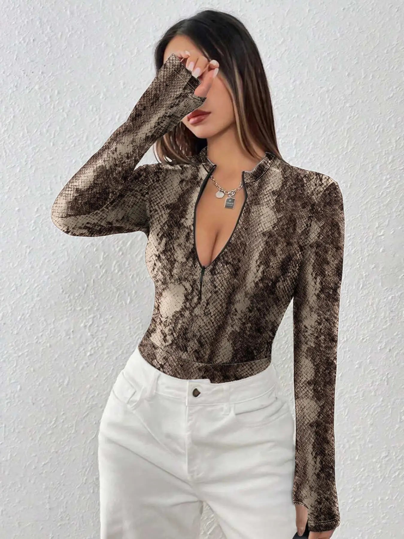 Spring Autumn Leopard Print Sexy Bodysuits Women Casual Zipper V Neck Bodycon Jumpsuits Top Elegant Bodysuit One-pieces Playsuit