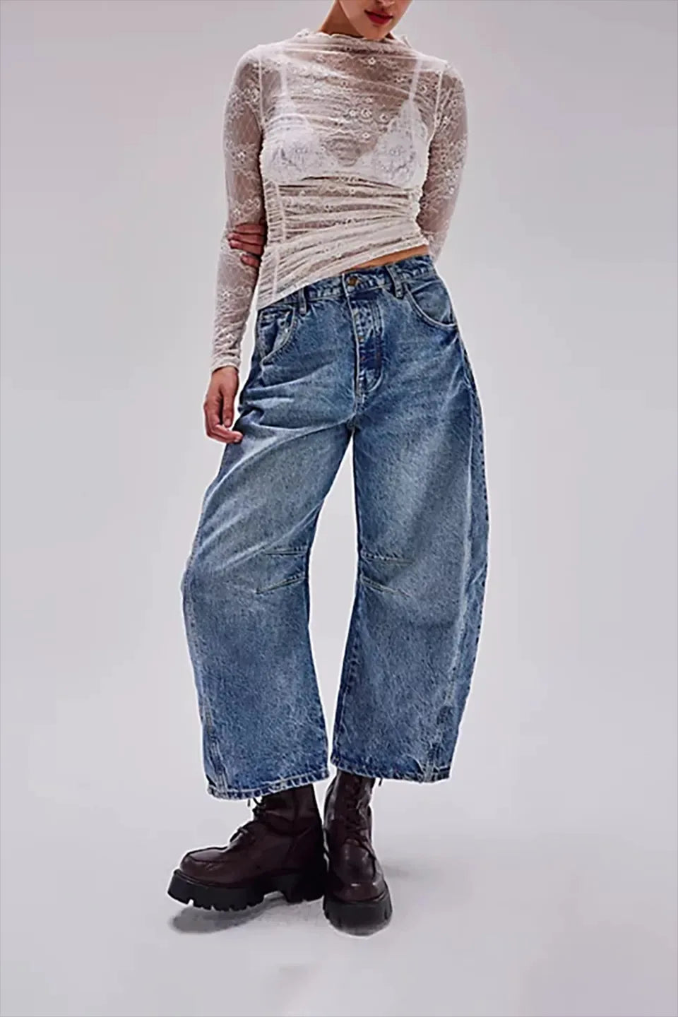 Midiross High Stretch Mid-Rise Barrel Jeans Fashion wide Leg Shape Women Casual Baggy Mid Waist Denim Pants