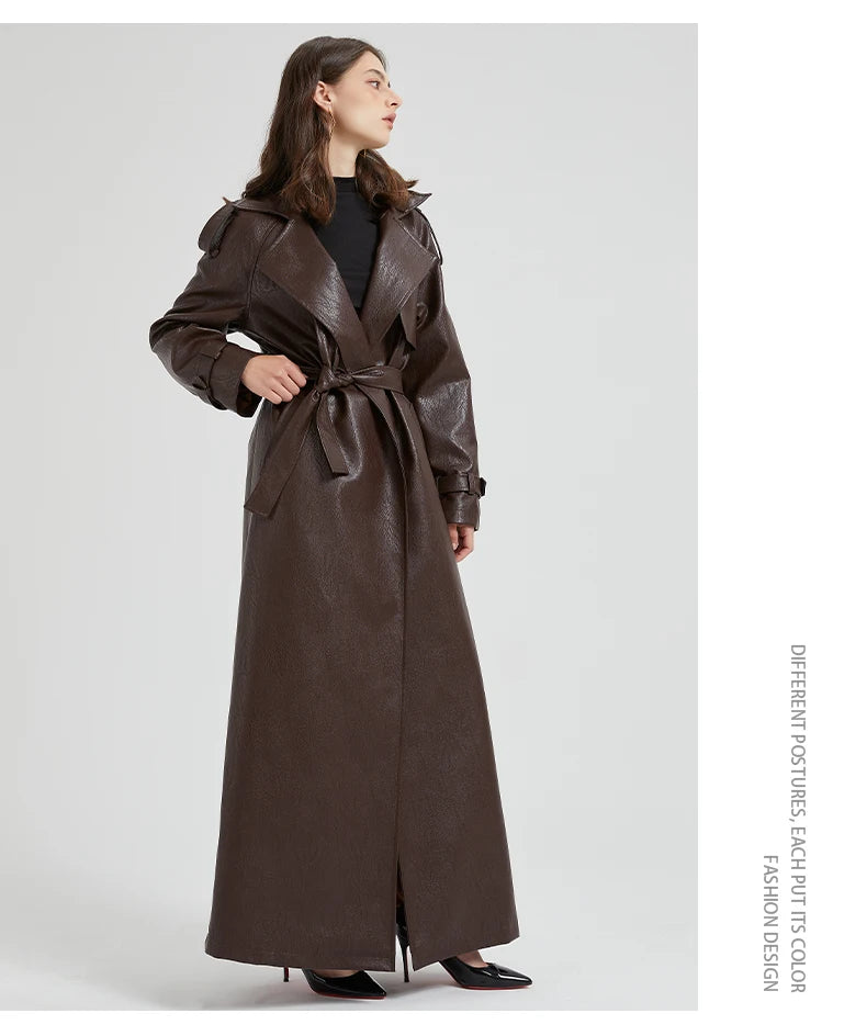 Lautaro Spring Autumn Extra Long Brown Pu Leather Trench Coat for Women Sashes Luxury Chic Overcoat Runway European Fashion 2024