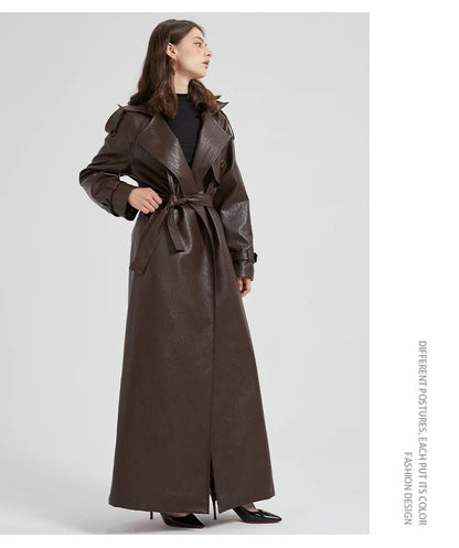 Lautaro Spring Autumn Extra Long Brown Pu Leather Trench Coat for Women Sashes Luxury Chic Overcoat Runway European Fashion 2024