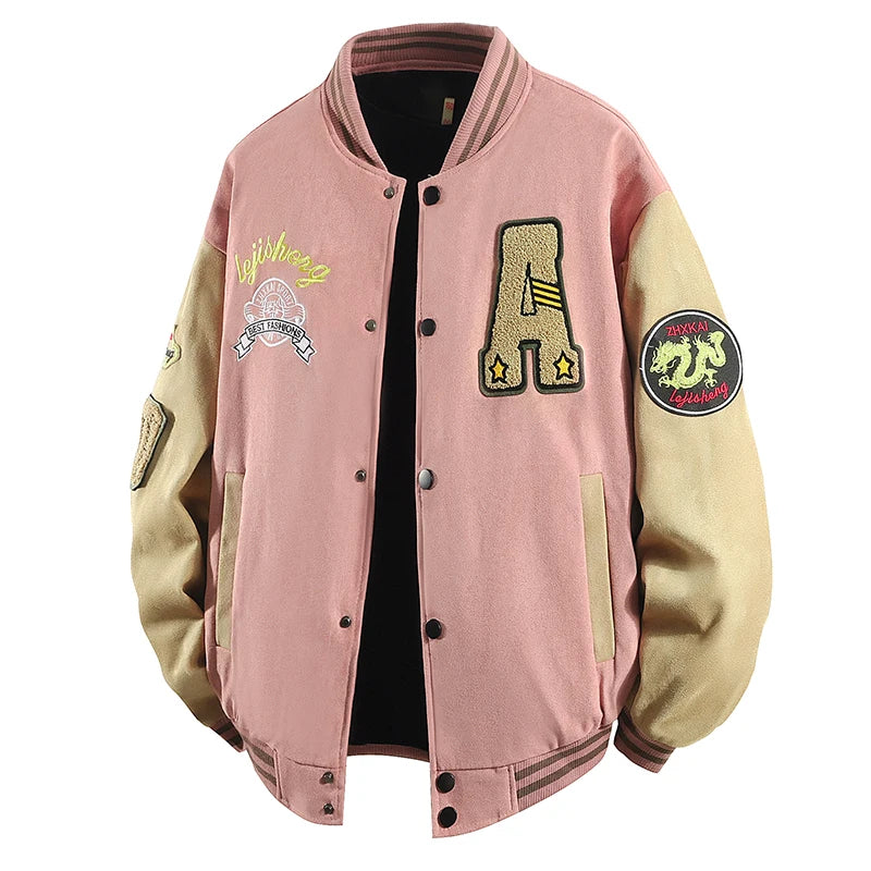 Hip Hop Men's Suede Embroidered Varsity Jacket Color Block Letter Graphic Long Sleeve Baseball Jacket Bomber Coat