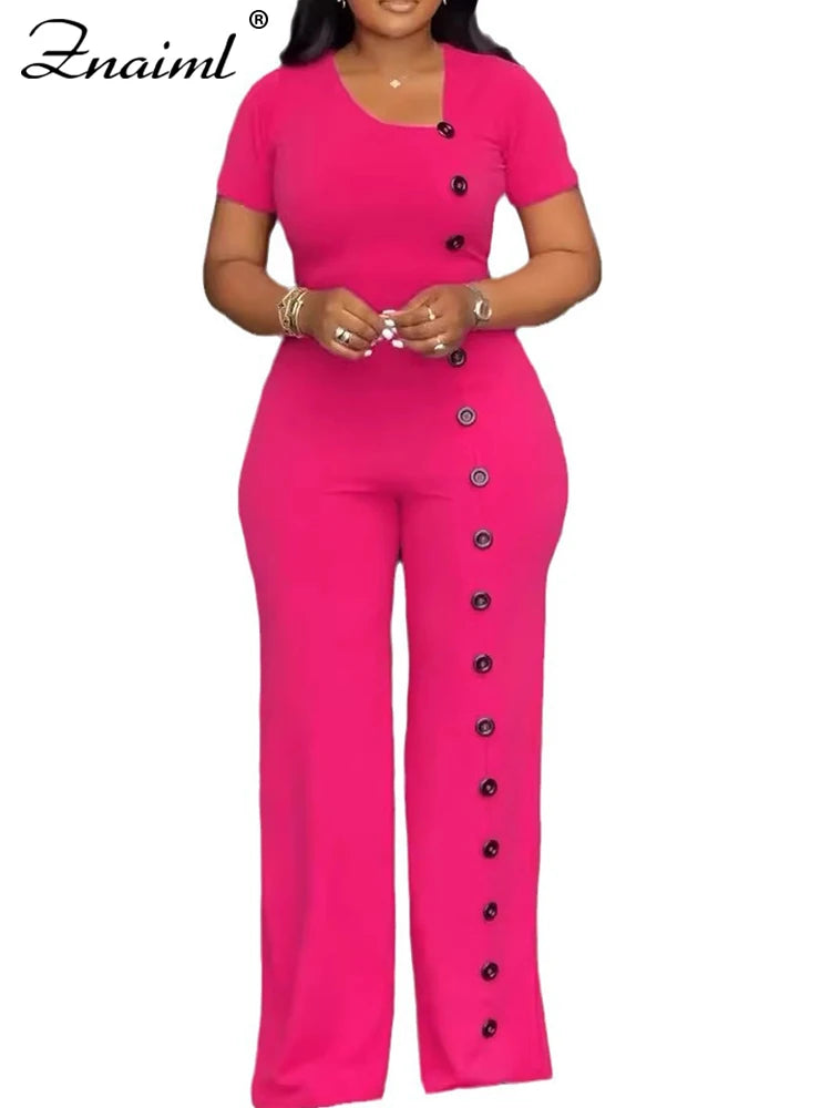 Znaiml Women Elegant Long Jumpsuits for Party Summer Short Sleeve Buttons Solid Color Wide Leg Pants Rompers One Pieces Overalls