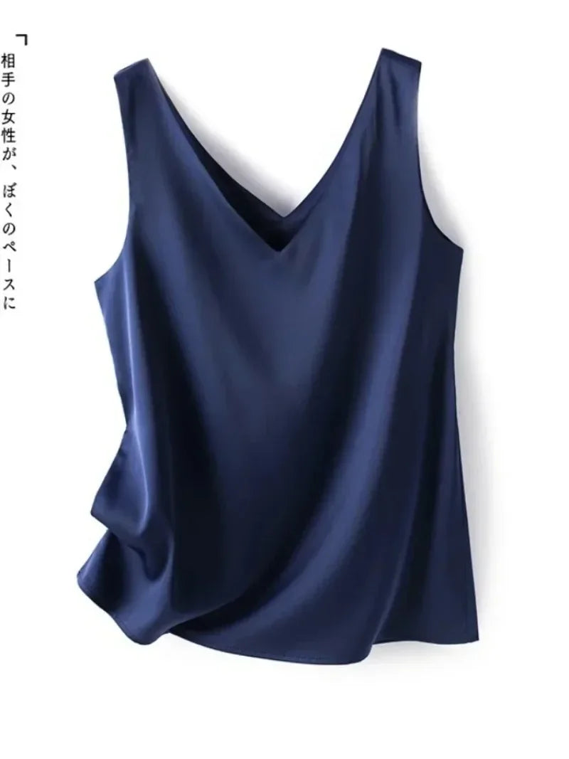 Woman T-shirts Elegant SILK Satin Blouse Sleeveless Female Summer 2026 Casual Loose Tanks and Camis Solid Green Tops for Women