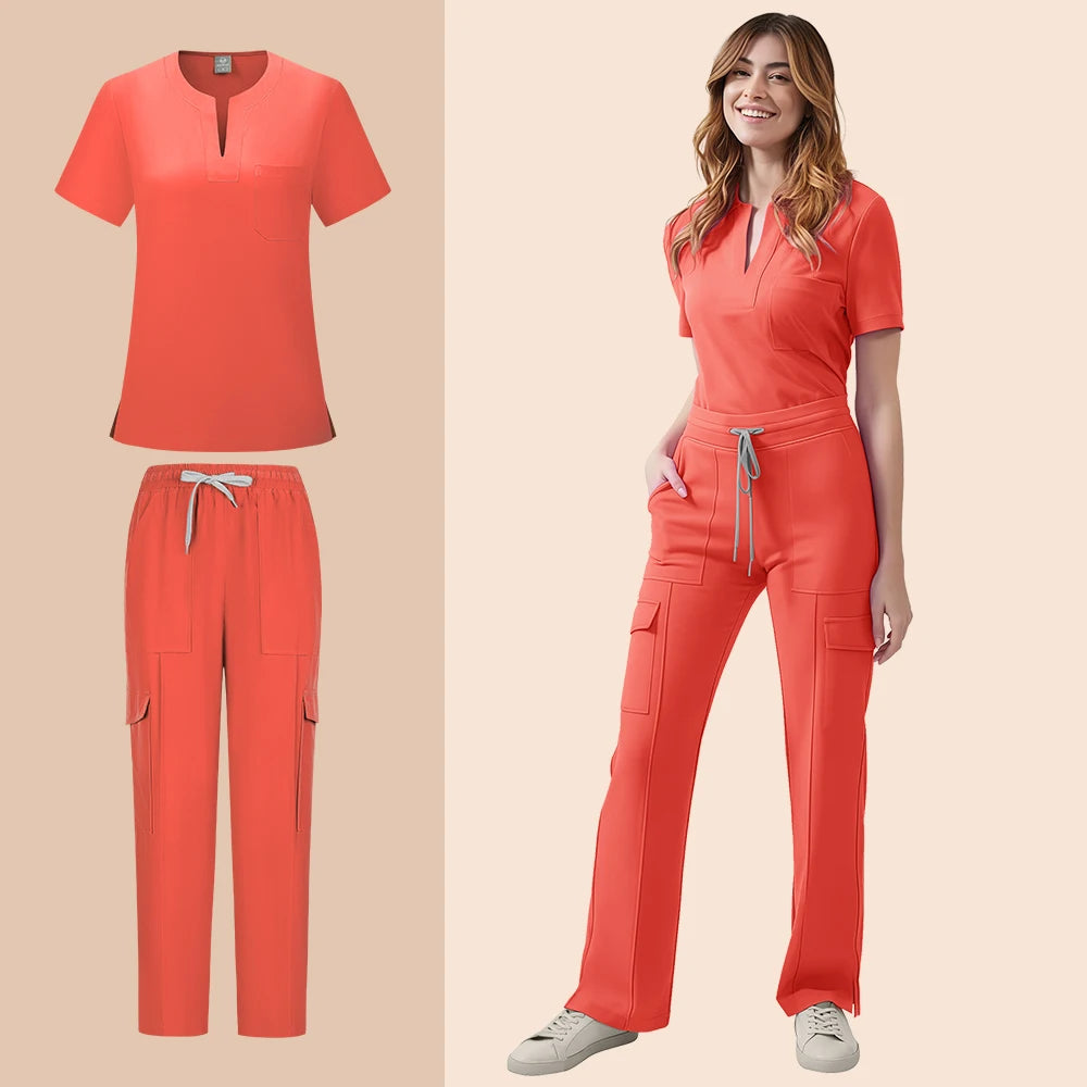 Medical Scrubs Uniform Women Nurse Scrub Set Pocket Top+Pants 2 Piece Suit Nursing Operating Room Clothes Beauty Salon Work Wear