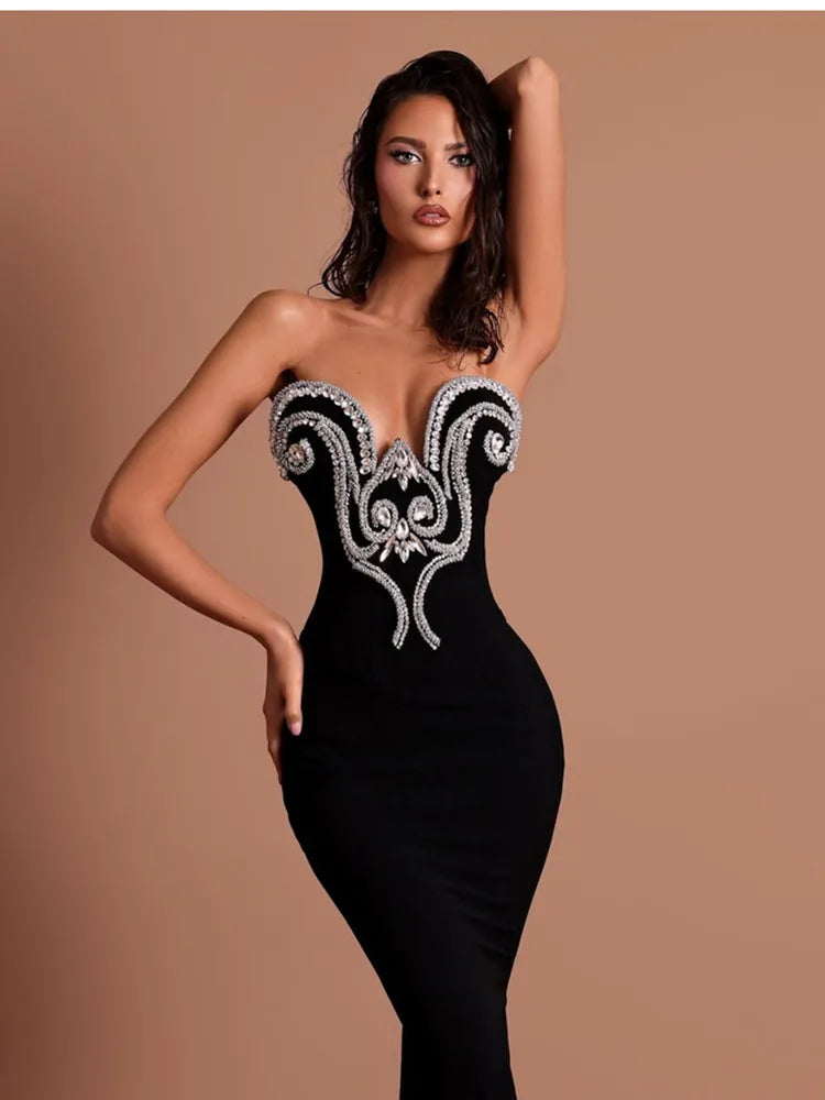 Women Sexy Strapless Beading Rhinestone Black Maxi Long Summer Bodycon Bandage Dress 2025/2026 Elegant Evening Club Party Dress
