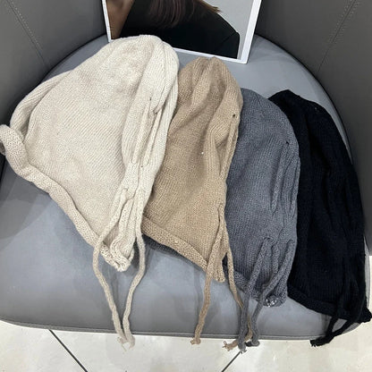 Fashion Drawstring Baggy Slouchy Beanie For Women Autumn Winter Ear Warm Skullies Cap Solid Color Bonnet Girl Kintted Woolen Hat