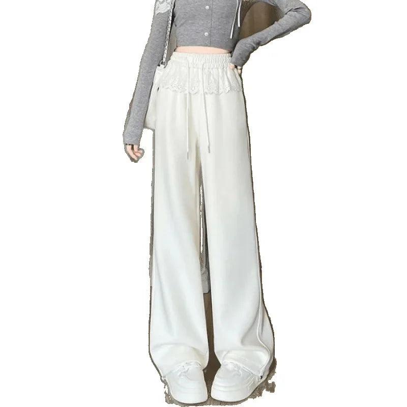 Pink Lace Splicing Design Wide Leg Pants Women's Loose Casual Sweatpants Spring New Style Slimming Effect Comfortable Fit