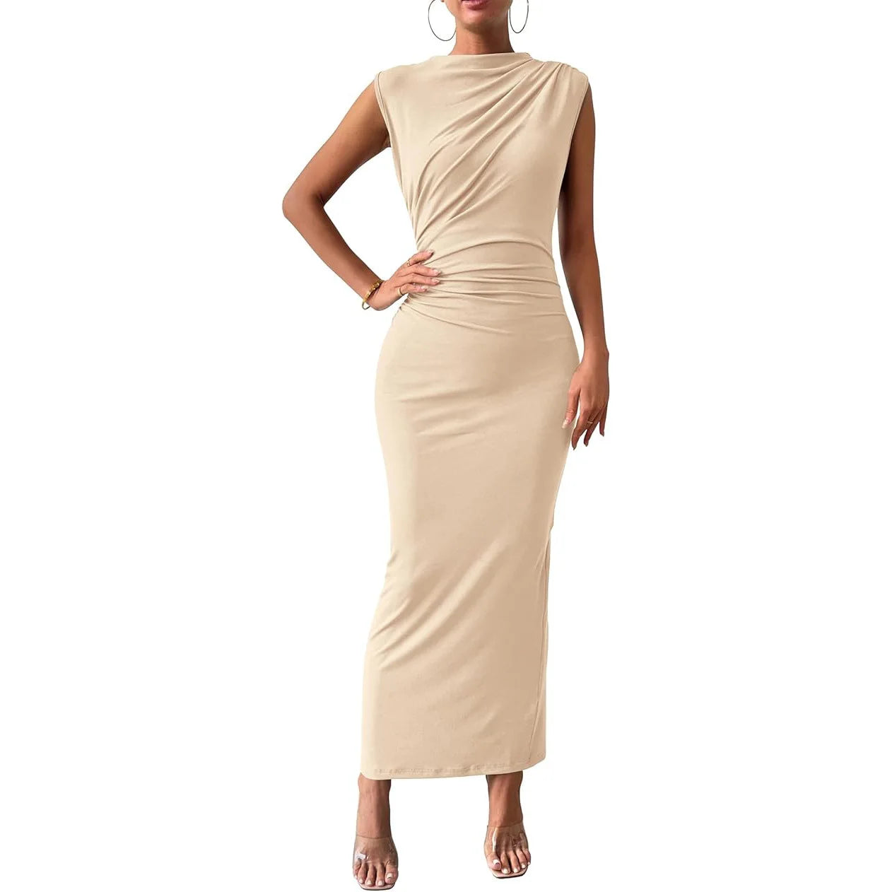 Women Plus Size Elegant Ruched Bodycon Dress Euro Sexy Sleeveless Layering Stretchy Coat Inner Party Outfit Fashion Basic Dress