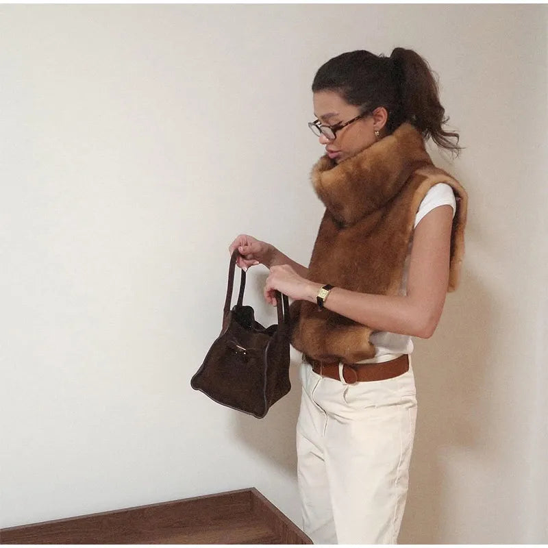 Solid Faux Fur Vest Crop Top Women Fashion Turtleneck Fluffy Short Tank Tops 2025 Winter Female Elegant Sleeveless Jacket Coat