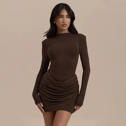 Mozision Long Sleeve Ruched Sexy Mini Dress Women Autumn Winter New Elegant High Waist Bodycon Club Party Dresses Female