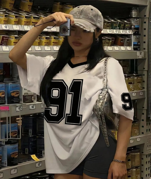 The 2025 summer new V-neck T-shirt with 91 print digital jersey is breathable lightweight and casual for sports